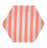 This "Coral Stripe" plate has a hexagonal shape with coral pink and white stripe design. 