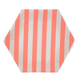 This "Coral Stripe" plate has a hexagonal shape with coral pink and white stripe design. 