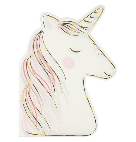 The Large "Unicorn" Napkin is shaped like a white unicorn head with a gold foil horn and trim with pink and gold hair. 