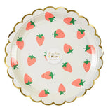 The Large "Strawberry" Plate has a decorative design of strawberries with a gold foil edge, with eight of them in the package. 