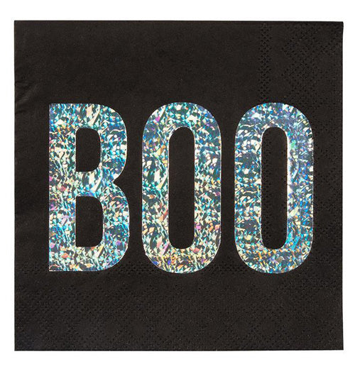 Black napkins have the word "Boo" written in sparkly letters on the front. 