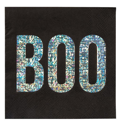 Black napkins have the word "Boo" written in sparkly letters on the front. 