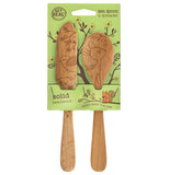 Beechwood jam spoon engraved with a fawn, and spreader engraved with a bird sticking through the green cardboard packaging.