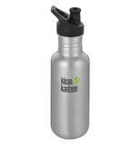 The silver stainless steel water bottle with the black sport cap and the logo, "Klean Kanteen" on the front is shown individually.