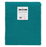 Teal ripple patterned dish towel folded up with its tag showing.