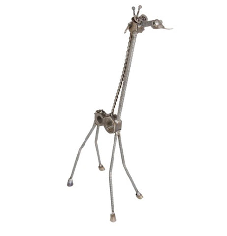 A tall scrap metal giraffe has long legs and neck.