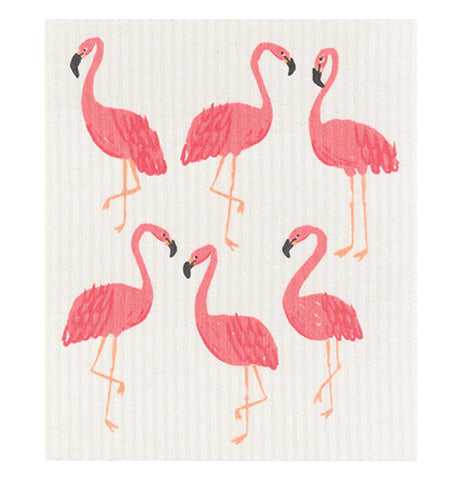 The Swedish "Flamingos" Dish Cloth has six pink flamingos over a white background. 