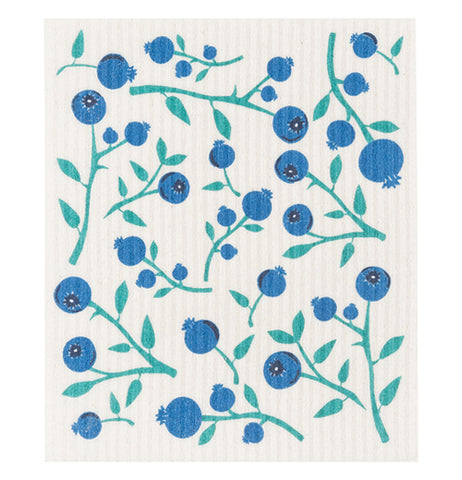 The "Blueberries" Swedish dishcloth features a design of blueberries on white background. 