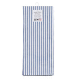 Blue and white vertical striped dish towel with its tag.