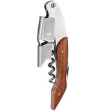 This corkscrew has a wooden handle, metal screw, knife blade, and prying tool. The corkscrew is shown in the closed position.