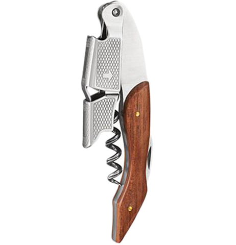 This corkscrew has a wooden handle, metal screw, knife blade, and prying tool. The corkscrew is shown in the closed position.