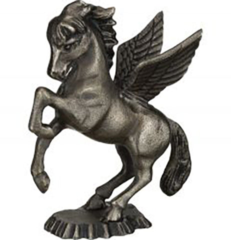 A black statue of a pegasus (a winged horse) standing up on its hind legs and rearing.