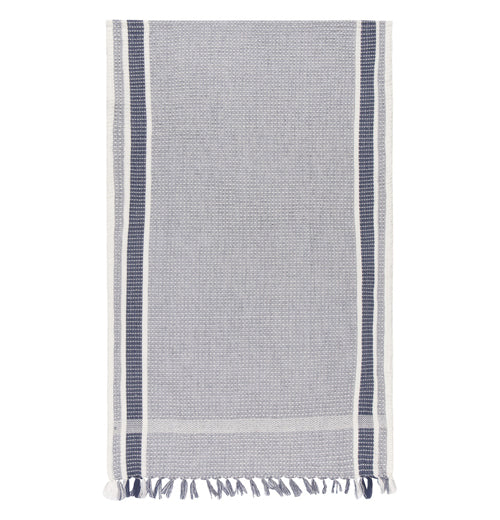 An indigo tea towel with gray in its center and black stripes on the sides. 
