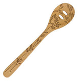 This Is a beechwood Slotted Spoon with and etched picture of an owl and a tree branch.