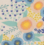 A close up of the oven mitt that features colorful pictures of flowers in an off white back ground.