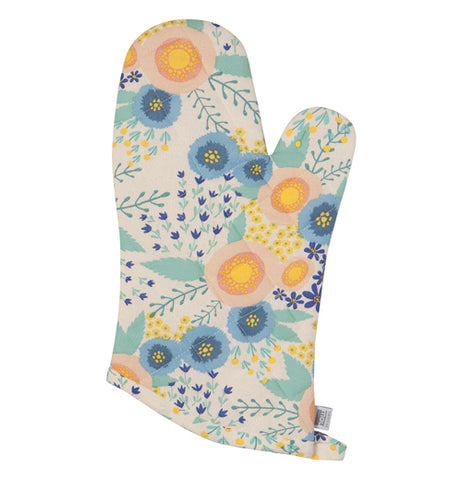 This oven mitt features colorful pictures of flowers in an off white background.