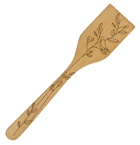 The Solid Beechwood "Nature" Turner is a wooden spatula that features the print design of a bird perched on a sapling branch. 