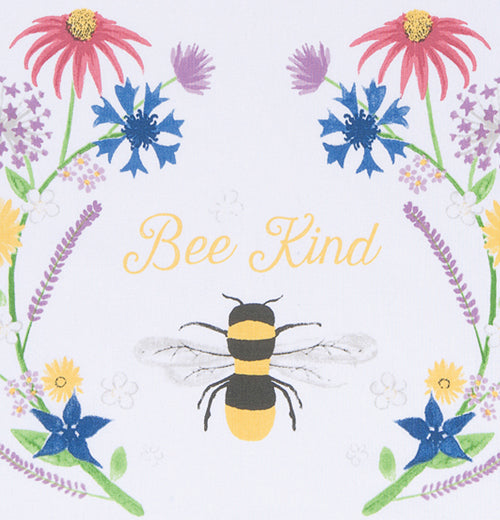 A close up of the bee with the flowers on either side is shown with text above the bee that says "Bee Kind".