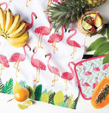 A variety of fruits are on the "Flamingos" Tea Towel. 