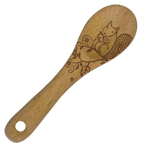 The Solid Beechwood "Woodland Squirrel' Mini Spoon features a laser etched squirrel design on the front. 