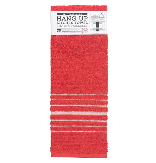 "Red" hang up tea towel with white horizontal stripes on the bottom wrapped in its label.