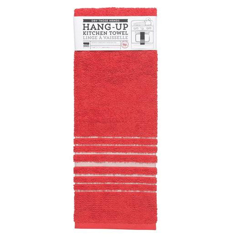 "Red" hang up tea towel with white horizontal stripes on the bottom wrapped in its label.