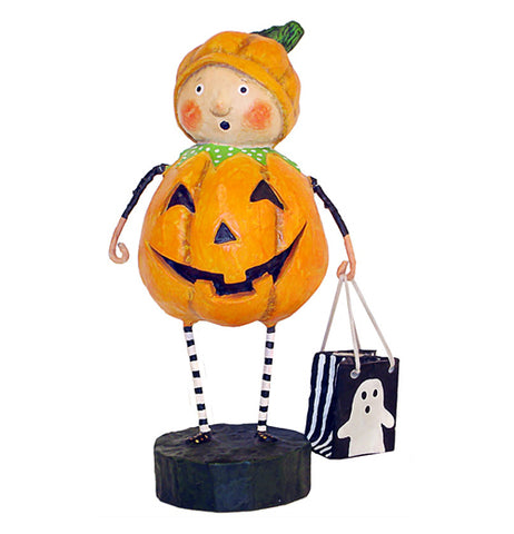 The "Punkin Pie" figurine wears an orange and black pumpkin costume while holding a black trick or treat bag with a white ghost on it. 