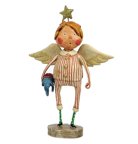 This rosy-cheeked little boy figurine is of an angel with golden wings and a golden star halo. He is shown wearing white and red striped pajamas and holding a stuffed elephant.