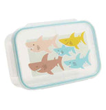 The divided lunchbox is angled to the right and upward. The bottom is completely transparent. The top is mostly transparent, with a blue border, and smiling sharks. One shark is light brown, one is dark brown, one is yellow, and two are blue.