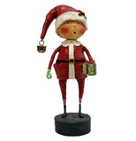 This sculpted figure is of a boy dressed in a santa claus outfit and hat, holding a present wrapped in green.