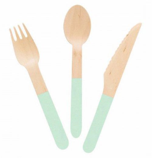 The Wooden (Set of 24) "Mint" Utensils has the fork, spoon, and knife with light blue handles. 