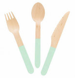 The Wooden (Set of 24) "Mint" Utensils has the fork, spoon, and knife with light blue handles. 
