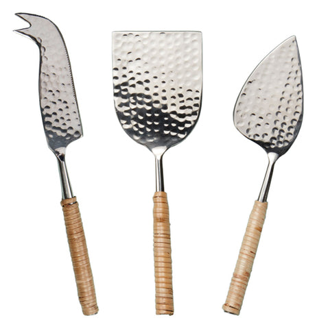 Rattan Wrapped Hammered Stainless Cheese Set
