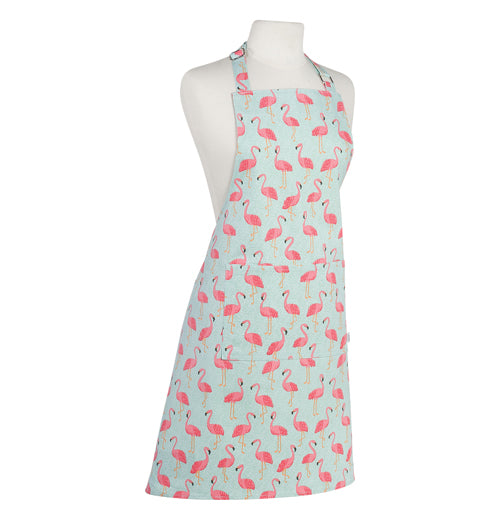 The 'Flamingos" Apron features pink flamingos over a turquoise background. 