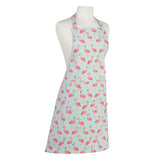 The 'Flamingos" Apron features pink flamingos over a turquoise background. 