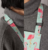 A collage of two close up pictures of the apron straps.
