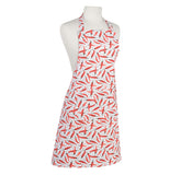 White apron featuring a red chili pepper pattern.