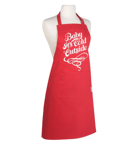The "Cold Outside" Red Apron has a white text that says, "Baby, it's Cold Outside". 
