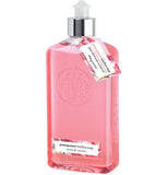 A clear bottle has red or pink soap in it, a silver-colored and white plastic top, and a red, pink and white label sticker and hangtag.