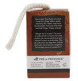 The back of the bar soap's box is shown with words of soap and bath in white lettering. The logo, "Pre De Provence" is shown near the bottom in black lettering.