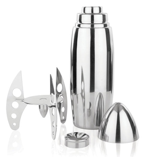 Silver rocket shaped Cocktail Shaker taken apart showing all components against a white background 