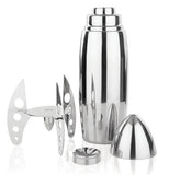 Silver rocket shaped Cocktail Shaker taken apart showing all components against a white background 