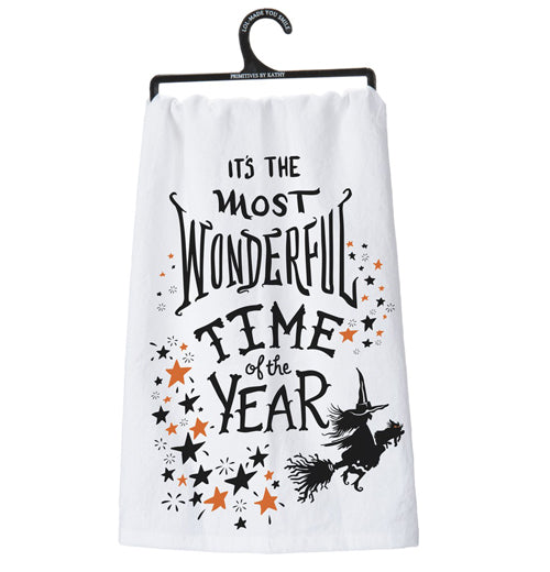 This white dish towel depicts the words, "It&