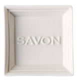 This soap holding dish is shown with the word, "Savon" stenciled in the middle.