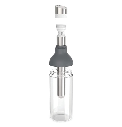Clear infusion carafe with black and silver lid.