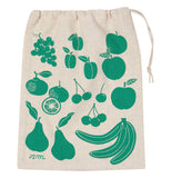 A produce bag with green pictures of bannanas, apples, grapes and other fruits. 