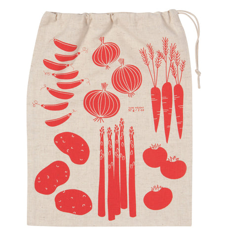 A produce bag with red pictures of carrots, broccoli, onions and other vegetables.