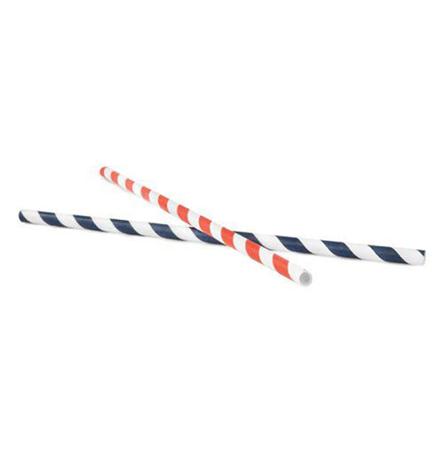 These two white paper straws have different colored stripes on them. One has black stripes while the other has orange stripes.