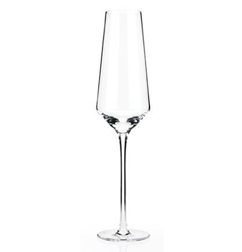 This wine glass has a flat circular stand, a long thin stalk, and a narrow basin from bottom to top.