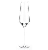 This wine glass has a flat circular stand, a long thin stalk, and a narrow basin from bottom to top.